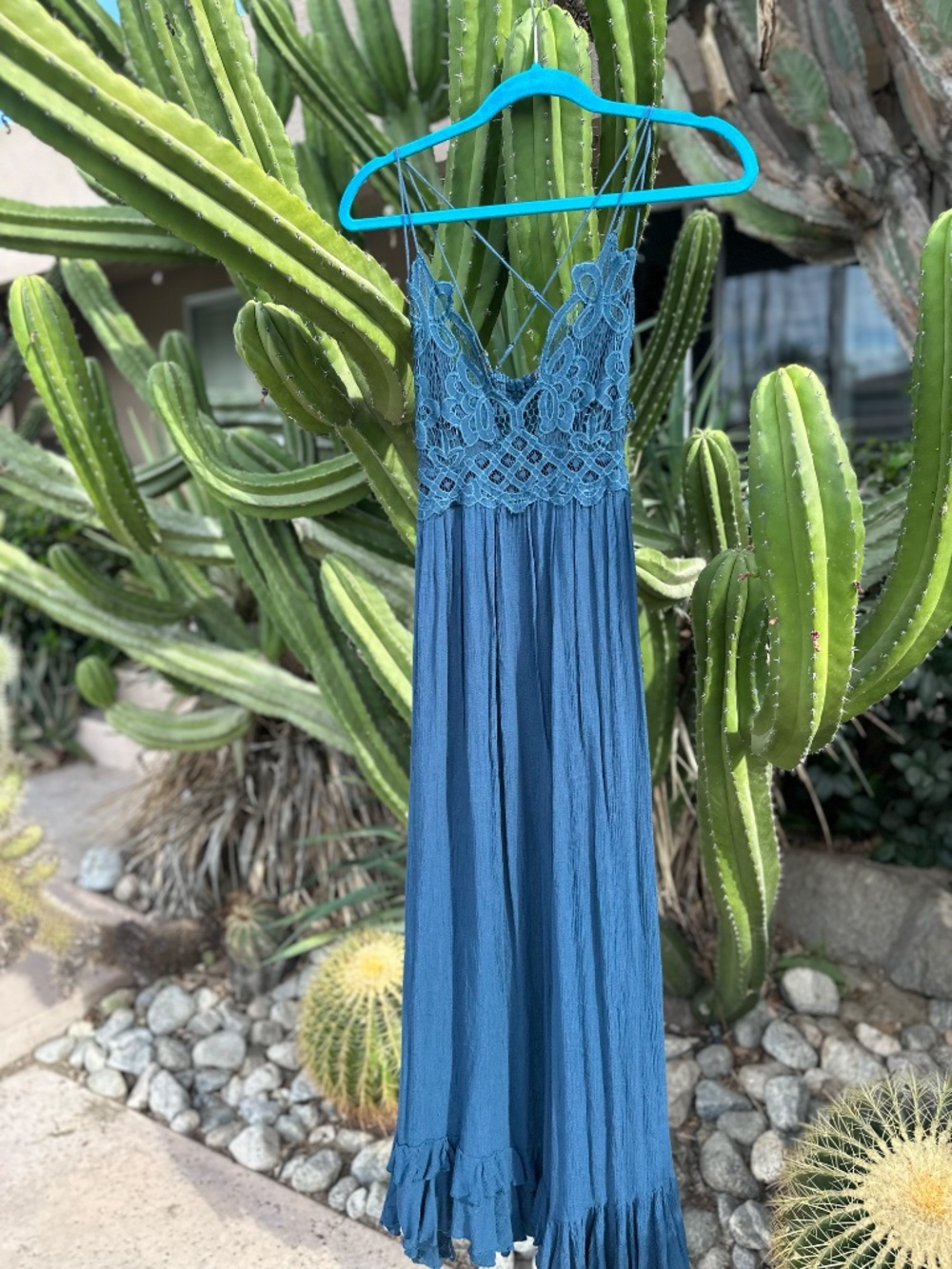 Free People Adella Crochet Lace Maxi Dress in Dusty Blue - Size Small